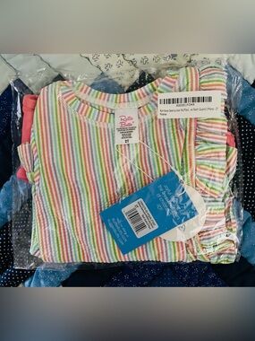 Ruffle Butts Rainbow Striped Ruffled Kids Top - Pink/Green/Blue - 2T